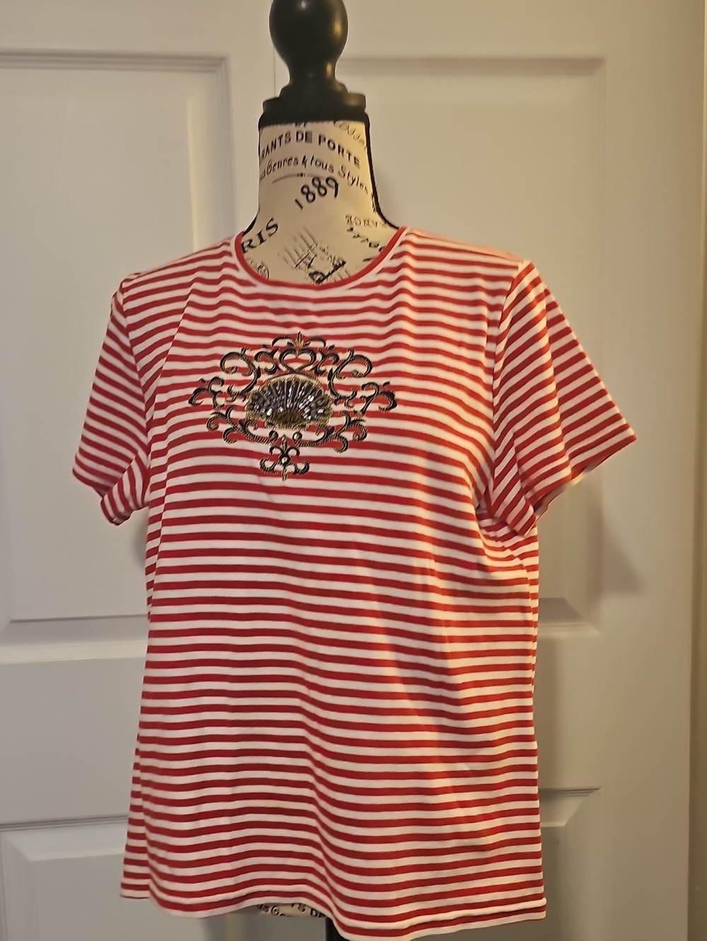 White Stag Red and White Striped Short Sleeve Tee with Embellished Chest